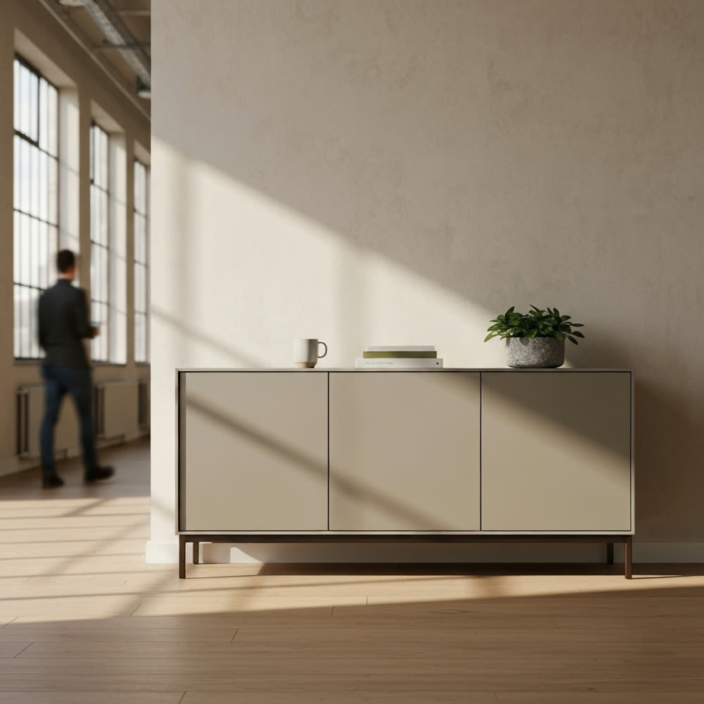 Piure Office Sideboard in greige Mattlack, grifflos, in einem hellen Großraumbüro