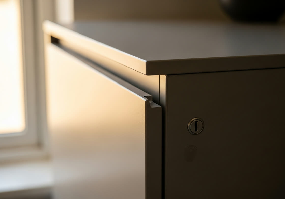 Nahaufnahme der Piure Office Box: Mattlack-Oberfläche, scharfe Kante, Push-to-open-Fuge und integriertes Schloss