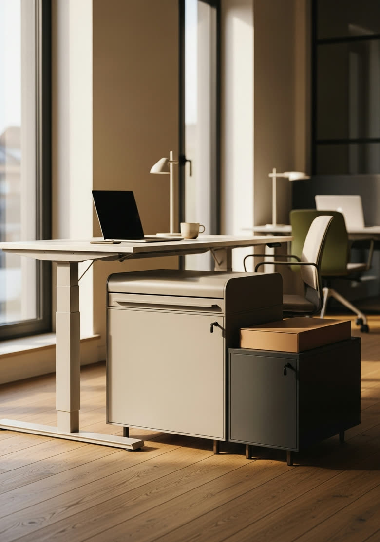 Einzelarbeitsplatz mit Piure Office Box und Rollcontainer